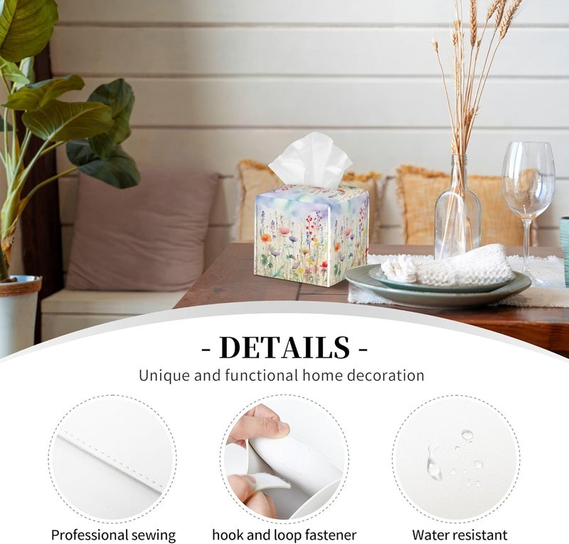 sndheke Watercolor Flower Tissue Box Cover Square,Colorful Flowers Tissue Box Holder Waterproof Leather Facial Paper Organizer Dispenser for Bathroom Home Car Nightstand Vanity Desk - Image 3